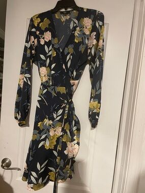 Lulu's Navy Floral Long-Sleeve Wrap Dress with Pink & Olive Blooms